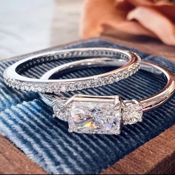 Swarovski Ring Set 2 Rings Silver White Rhodium Unique Cut/Eternity Band - Picture 13 of 14